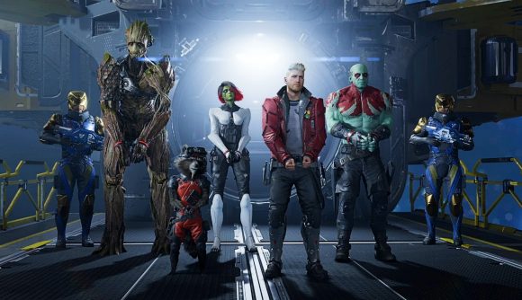 Marvel's Guardians of the Galaxy are all handcuffed, including Star-Lord, Groot, Gamora, Rocket Raccoon, and Drax,