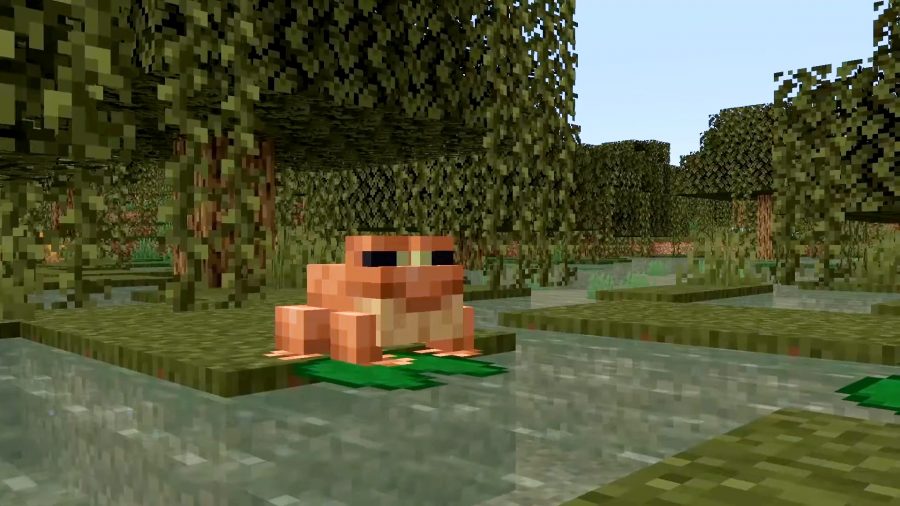 A Minecraft frog sits on a lily pad in a swamp biome