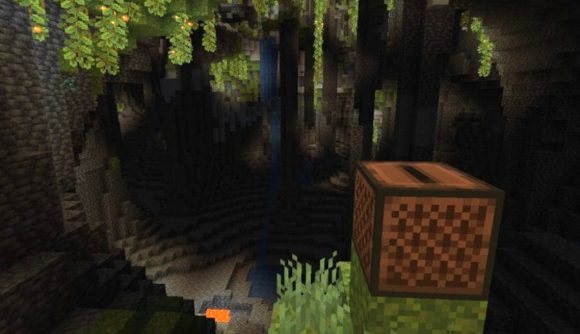 A Minecraft jukebox inside a cave