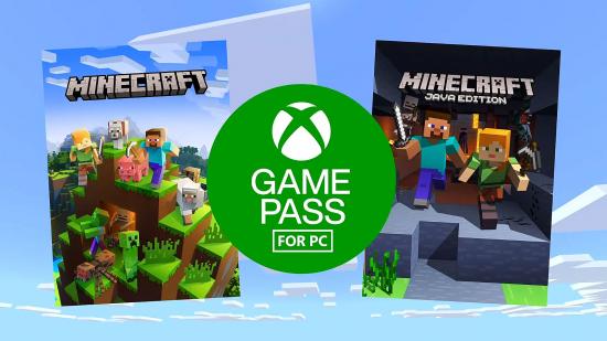 The Xbox Game Pass for PC logo flanked by Minecraft Java and Bedrock editions
