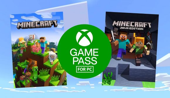 The Xbox Game Pass for PC logo flanked by Minecraft Java and Bedrock editions
