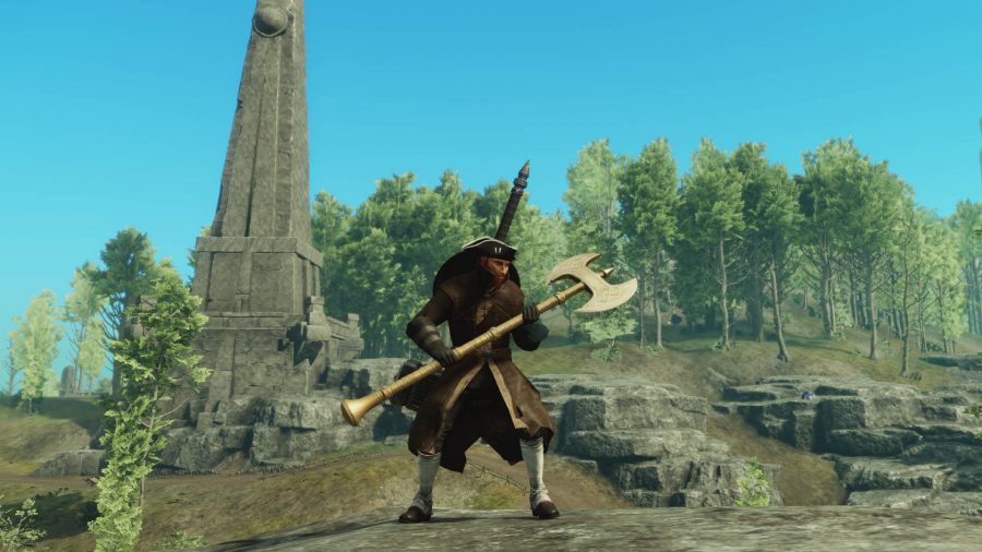 A player holding a great axe in New World near a ruined obelisk.