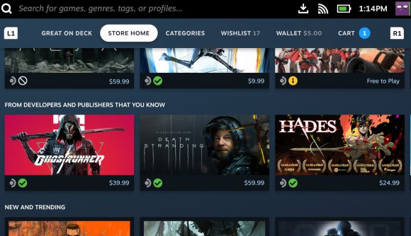 The Steam store on Steam Deck, showing compatibility badges for each game on the portable machine