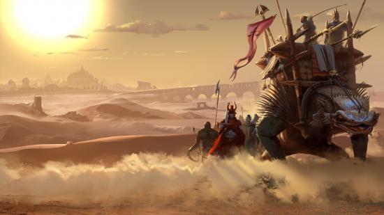 A massive reptile loaded with cargo makes its way across the desert in Vagrus - The Riven Realms.