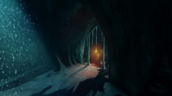 A dimly lit mountain cave in Valheim
