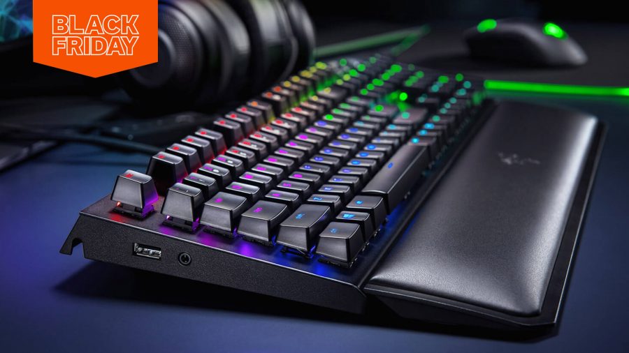 A Razer keyboard sits next to a mouse and a pair of headphones for Black Friday