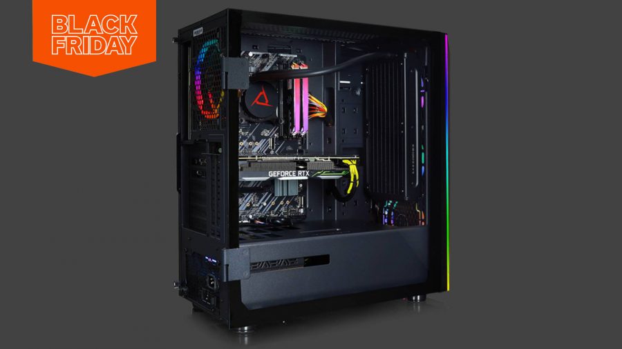 A gaming PC shows off its innards with the case's side panel removed