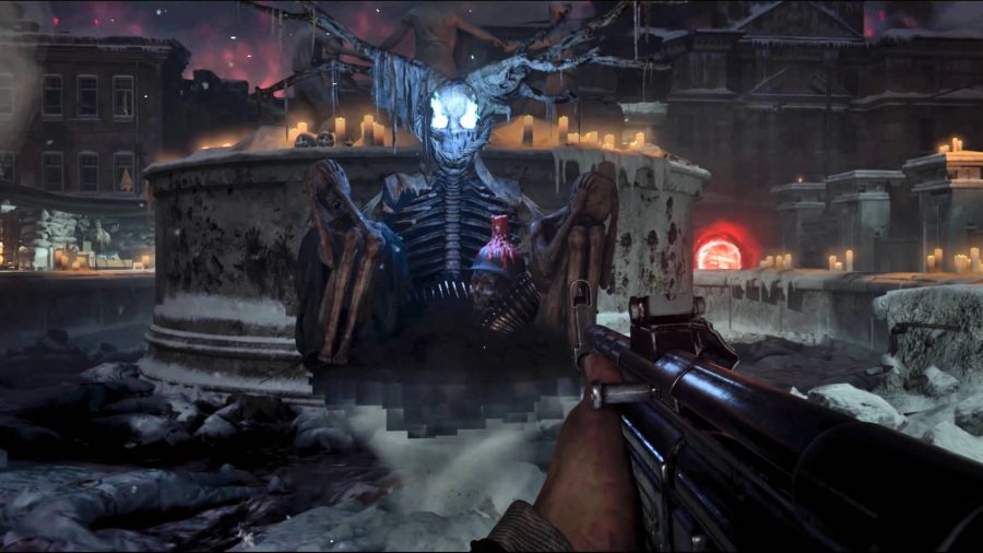 A player approaching the Altar of Covenants in Vanguard Zombies. It's a floating altar with a glowing skull on top.