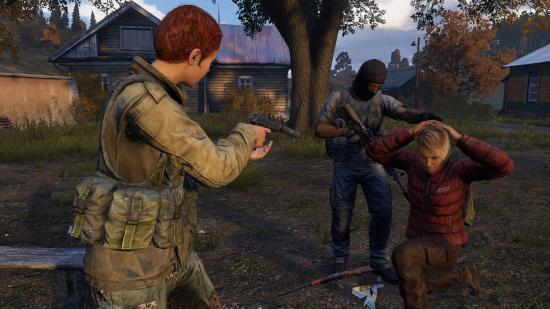 DayZ screenshot of player pointing gun at captive player