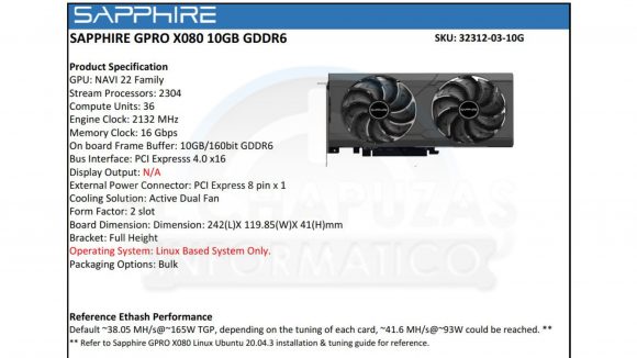 Alleged Sapphire data sheet containing the specifications of its GPRO X080 mining card