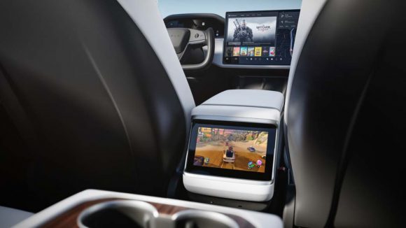 back seat of Tesla Model S with back screen