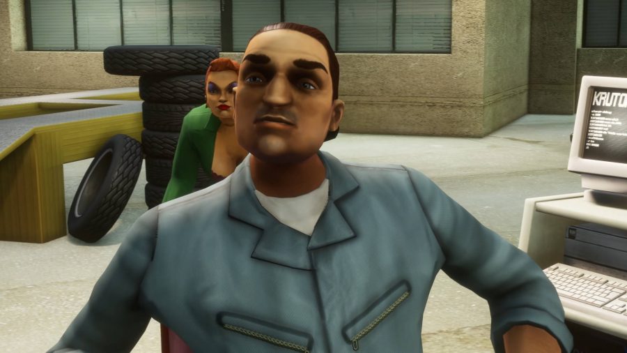 A car mechanic standing next to a computer and in front of a woman in GTA 3.