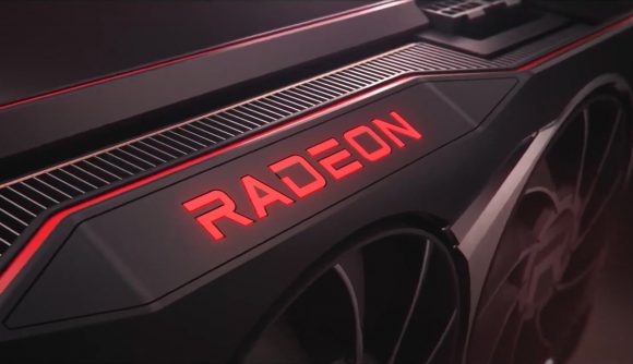 A 3D render of an AMD Radeon RX 6000 graphics card, viewed from the top
