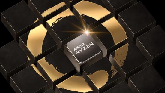A 3D render of cubes, with an AMD Ryzen chiplet stacked atop the middle cube surrounded bya gold colour 'Zen' logo