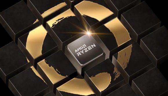 A 3D render of cubes, with an AMD Ryzen chiplet stacked atop the middle cube surrounded bya gold colour 'Zen' logo