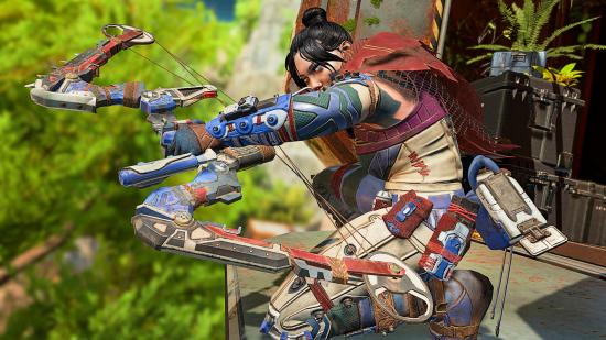Apex Legends' Wraith jumps in the air before using the Bocek bow