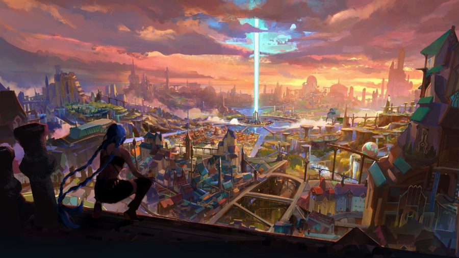 Concept art for the League of Legends animated TV series adaptation, Arcane, showing Jinx looking out across a city