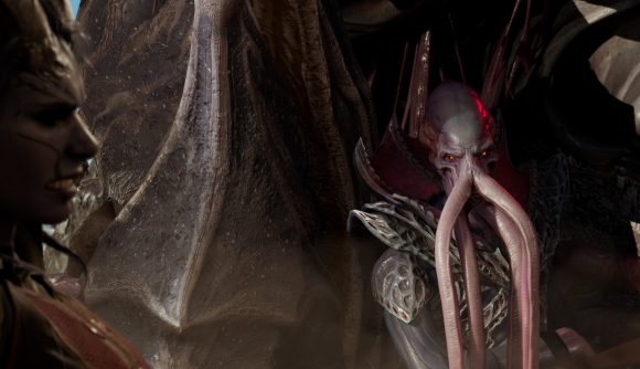 A mindflayer eyes another character in Baldur's Gate 3