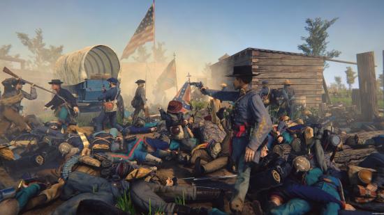 A Union officer levels a revolver at Confederate lines in Battle Cry of Freedom