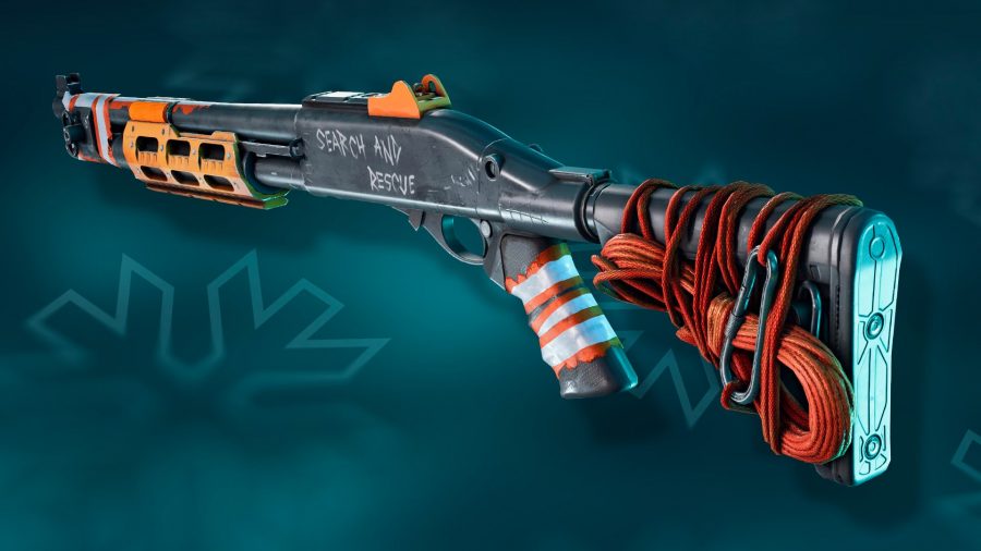 A festive shotgun from Battlefield 2042 which features brightly coloured spray painted accents
