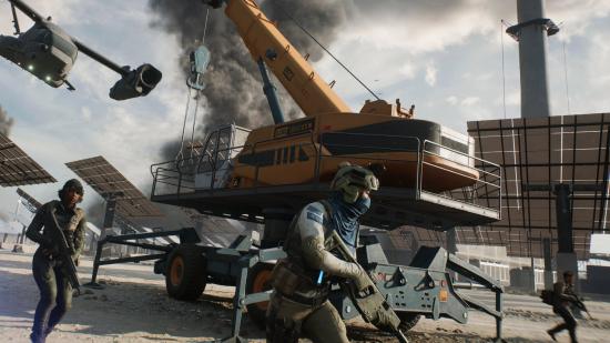 Battlefield 2042 still with soldiers and a yellow crane