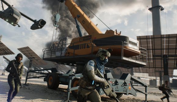Battlefield 2042 still with soldiers and a yellow crane