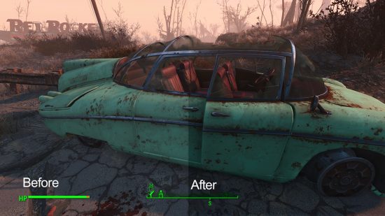 Best Fallout 4 mods: A comparison of the Fallout 4 visuals with and without the E3FX mod, featuring one of the retrofuturistic cars dotted around the Wasteland