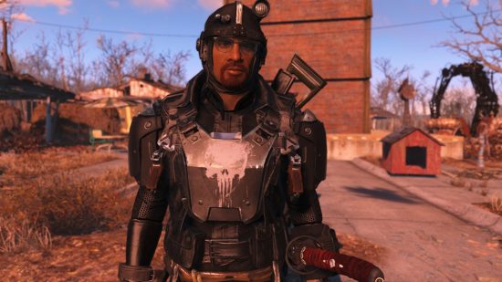 Best Fallout 4 mods: An NPC in Fallout 4 dressed in leather armor and a chestplate bearing The Punisher symbol