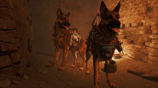 Best Fallout 4 mods: The Wastelander, as a dog, with their canine companion, Dogmeat, in the Be the Dog mod