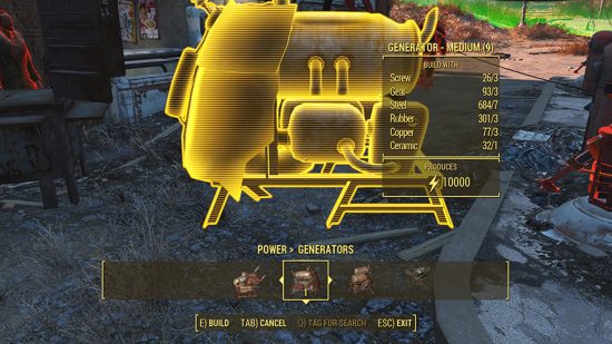 Best Fallout 4 mods: The generator selected via the Fallout 4 crafting mode, which details what a generator requires to build, and how much electricity it produces