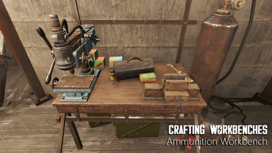 Best Fallout 4 mods: An ammunition workbench as featured in the Crafting Workbenches mod, including toolboxes, brackets, and an industrial drill