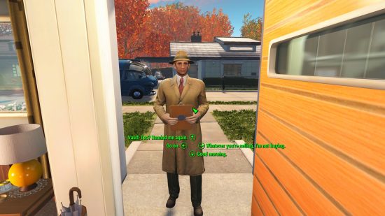 Best Fallout 4 mods: The sole survivor talking to the Vault Tec salesman during the opening of Fallout 4, displaying the new dialogue featured in the Full Dialogue Interface mod
