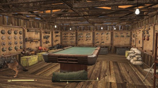 Best Fallout 4 mods: The Red Rocket Garage with an assortment of weapons mounted on the walls, surrounding a pool table
