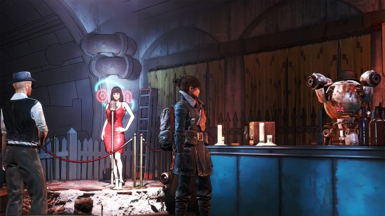Best Fallout 4 mods: A bar inside one of the many populated areas within the Wasteland, with the cel-shaded comic book style as appropriated by Borderlands.