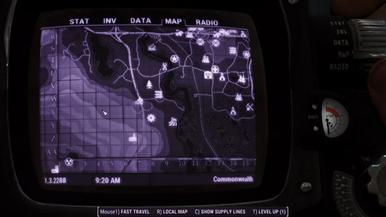 Best Fallout 4 mods: The improved map featuring a numbered grid with an X and Y axis, along with roads of a settlement