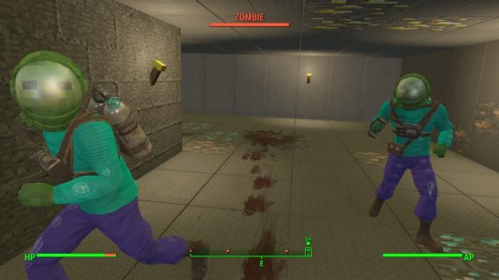 Best Fallout 4 mods: Two zombies in an underground area of the Wasteland, rendered as creepers in the Minecraft FO4 mod