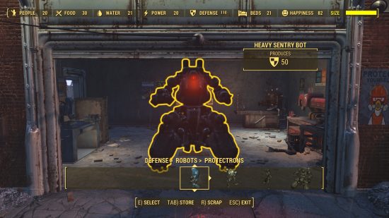 Best Fallout 4 mods: A heavy sentry bot standing inside a garage as part of the Robot Home Defence mod
