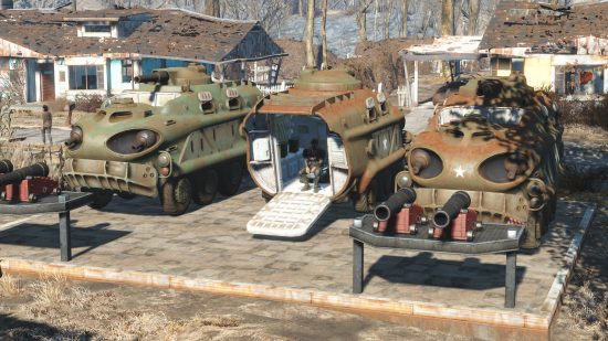 Best Fallout 4 mods: A series of parked military retrofuturistic vehicles as included in the Settlement Supplies Expanded mod