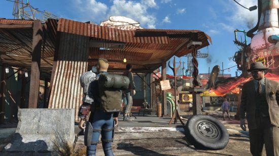 Best Fallout 4 mods: The sole survivor of Fallout 4 wearing a camping backpack complete with bedroll as a civilian NPC looks on