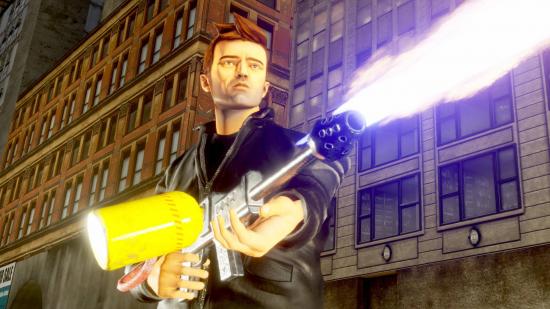 A man is shooting a flamethrower in the streets of Liberty City in GTA Trilogy.