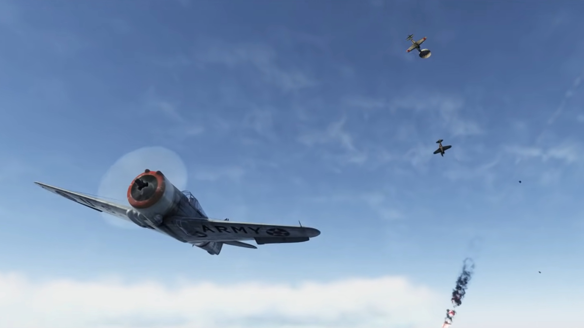 Best war games: a small plane flies through the clear blue sky as smaller planes descend in the background