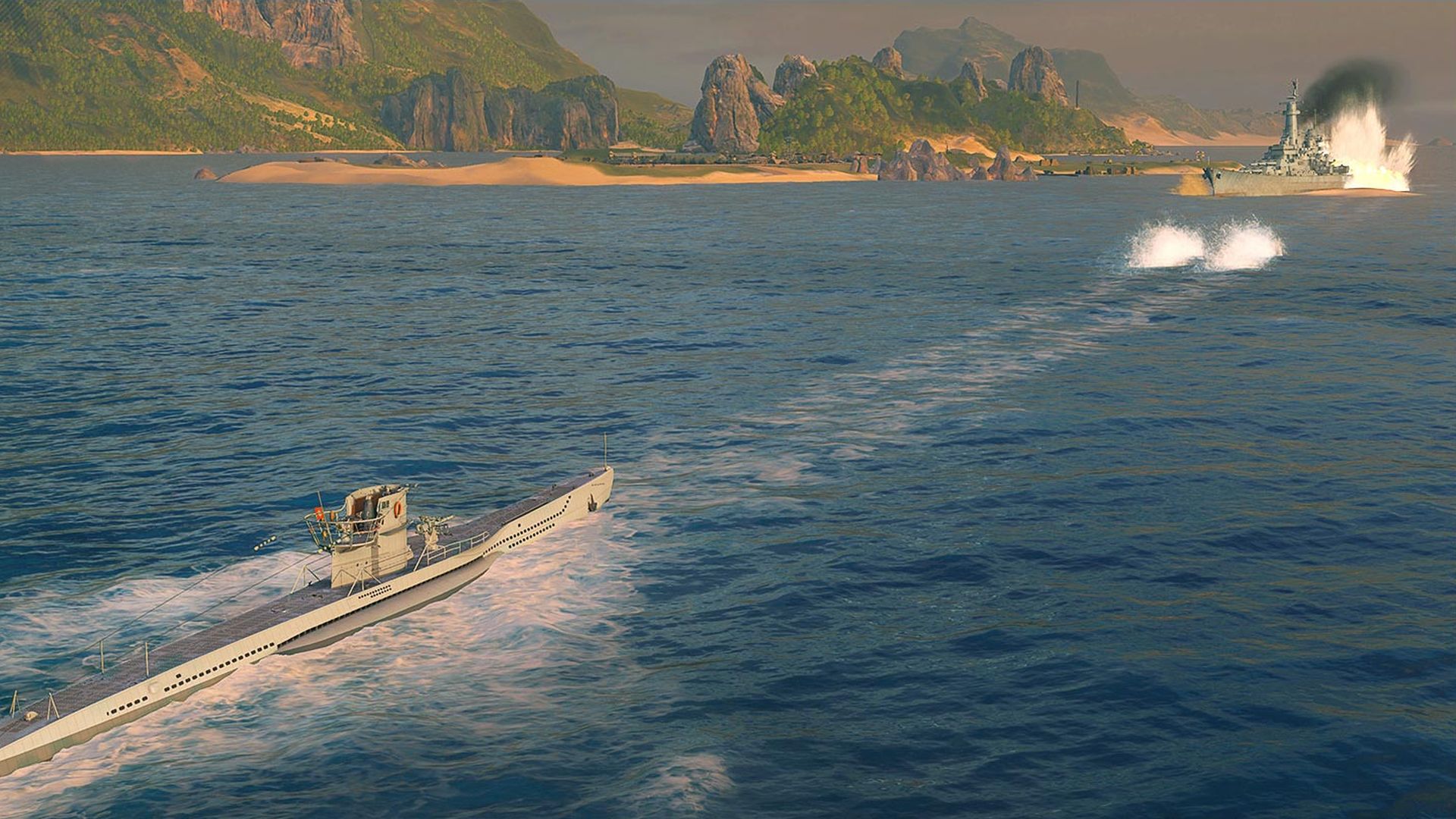 Best war games: a long boat fires two missiles on the water towards an enemy boat