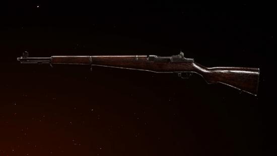 The M1 Garand in front of a dark orange background in Call of Duty Vanguard's preview menu