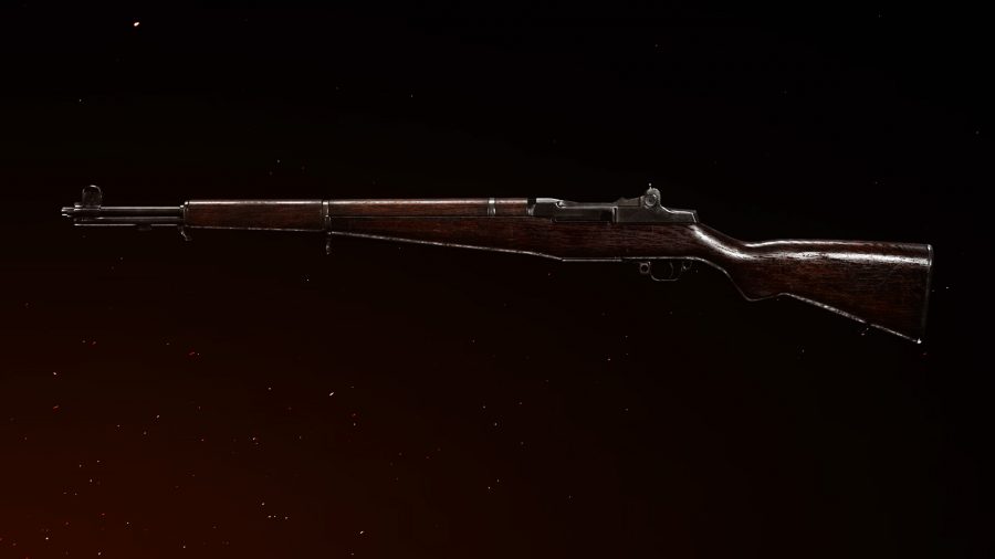 The M1 Garand in front of a dark orange background in Call of Duty Vanguard's preview menu
