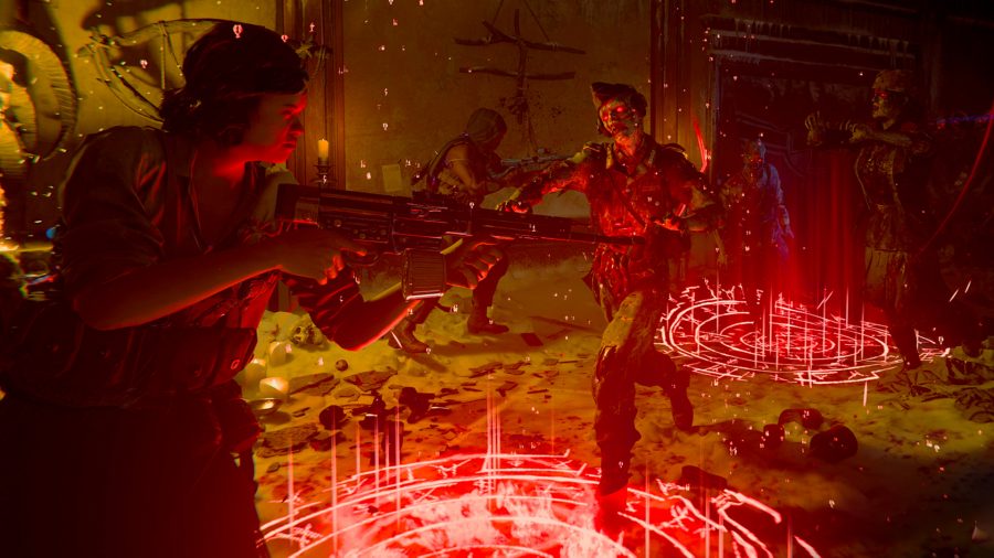 Red portals spawning undead armies as a woman soldier prepares to fire her assault rifle