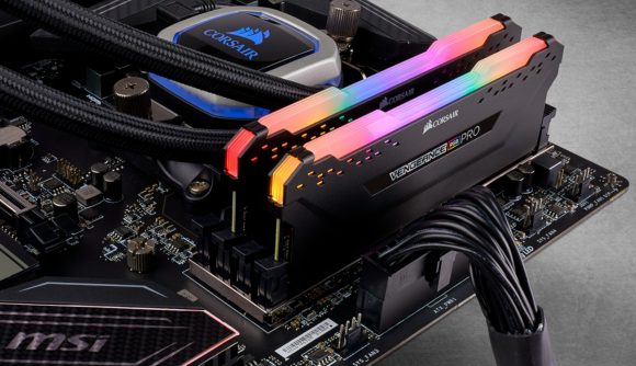 Corsair Vengeance RGB Pro RAM inserted into an MSI motherboard, with a Corsair AIO water cooler