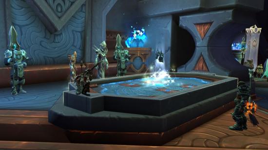 Characters gather around an altar where a glowing helmet floats in World of Warcraft: Shadowlands