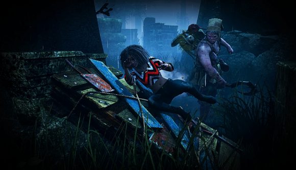 A Dead By Daylight player is chased through the dark