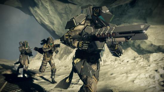 A Guardian leads a fireteam while carrying the Sleeper Simulant exotic linear fusion rifle in Destiny 2.