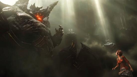 A Diablo 3 character looks up to a towering demon